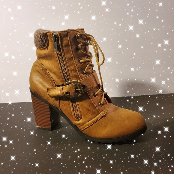 JUSTFAB Orquidia Cognac Chunky Heel Ankle Bootie - Picture 5 of 6